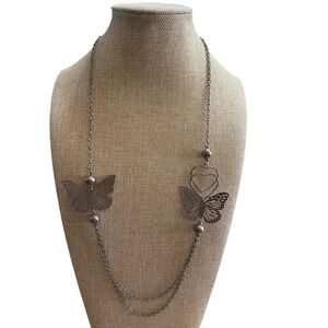 Vintage Silver Tone Filigree Butterfly Heart Long Multi Strand Necklace Layered